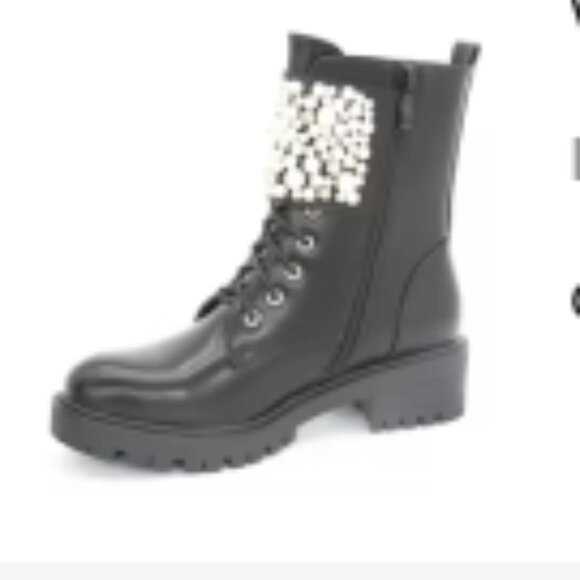 NWOT - Pearl & Rhinestone Décor Combat Boots (Size 7) * Black - Picture 12 of 13